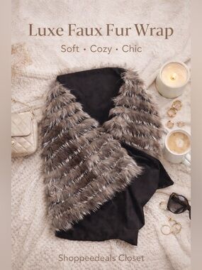 Faux Fur Wrap Shawl Scarf w/ Pockets Cozy Luxe Layered